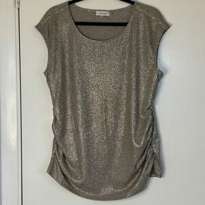 Calvin Klein‎ Women Gold Shimmer Ruched Sleeveless Blouse Button Shoulder Large